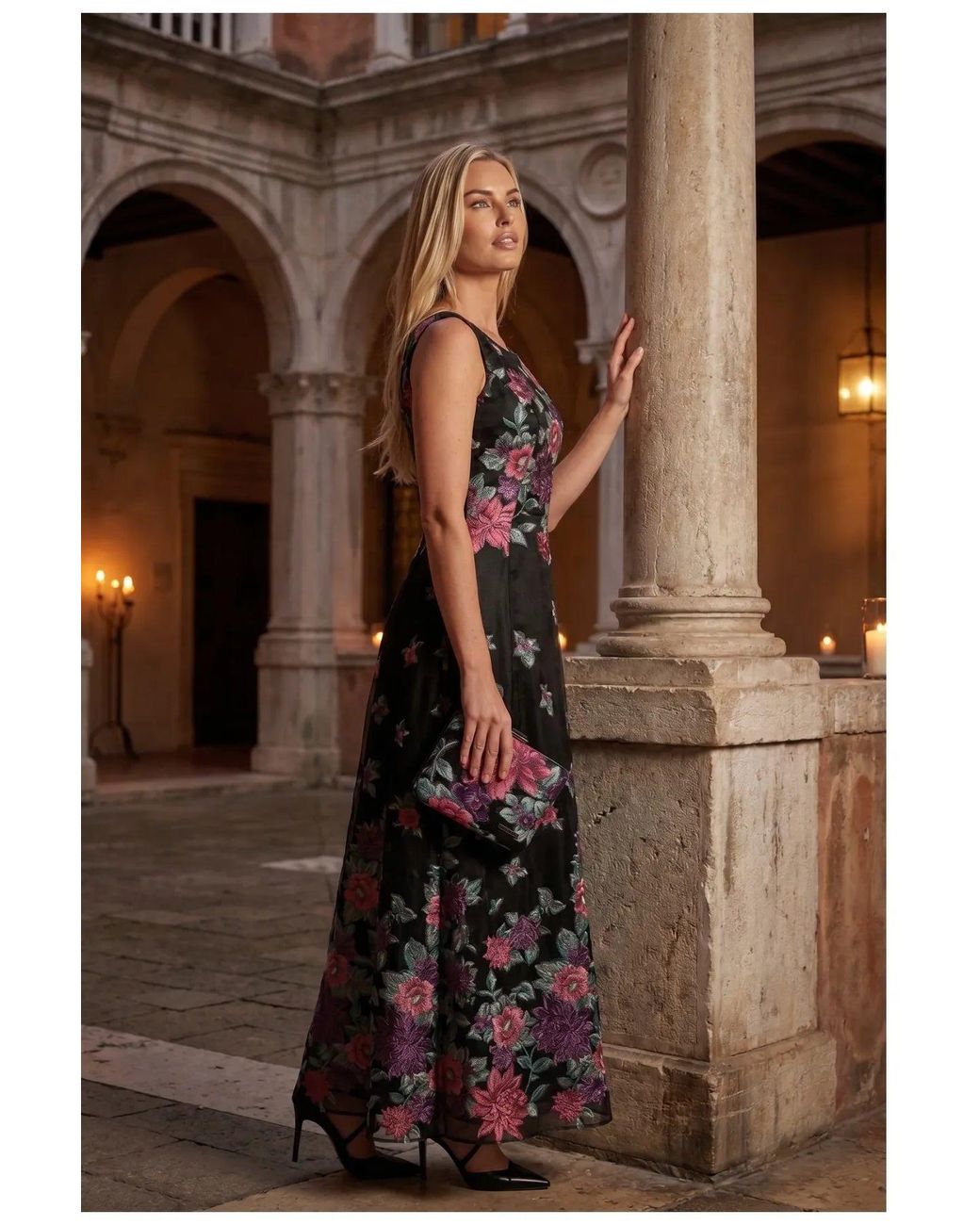 Luna Fashion House Black Cyclamen Floral Maxi Dress, Rina