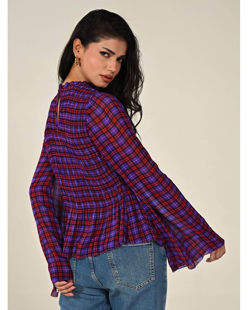 Rose & Nancy Purple Monica Smocked Check Blouse