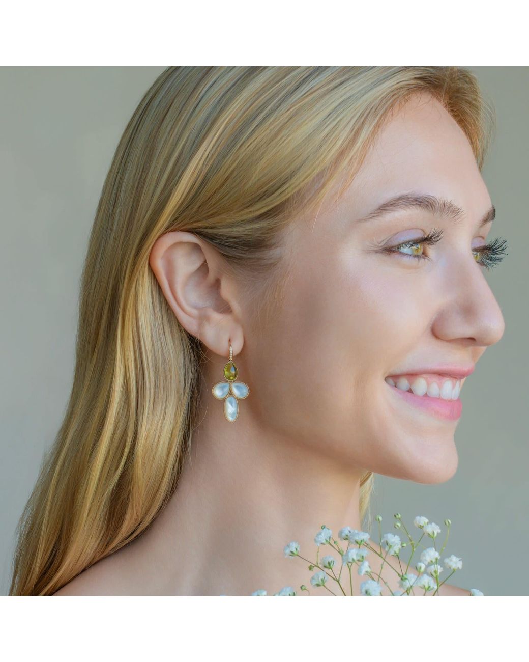 Kai Fine Jewelry Blue Solid Natural Peridot & Mother Of Pearl Diamond Snowdrop Flower Convertible Drop Earrings