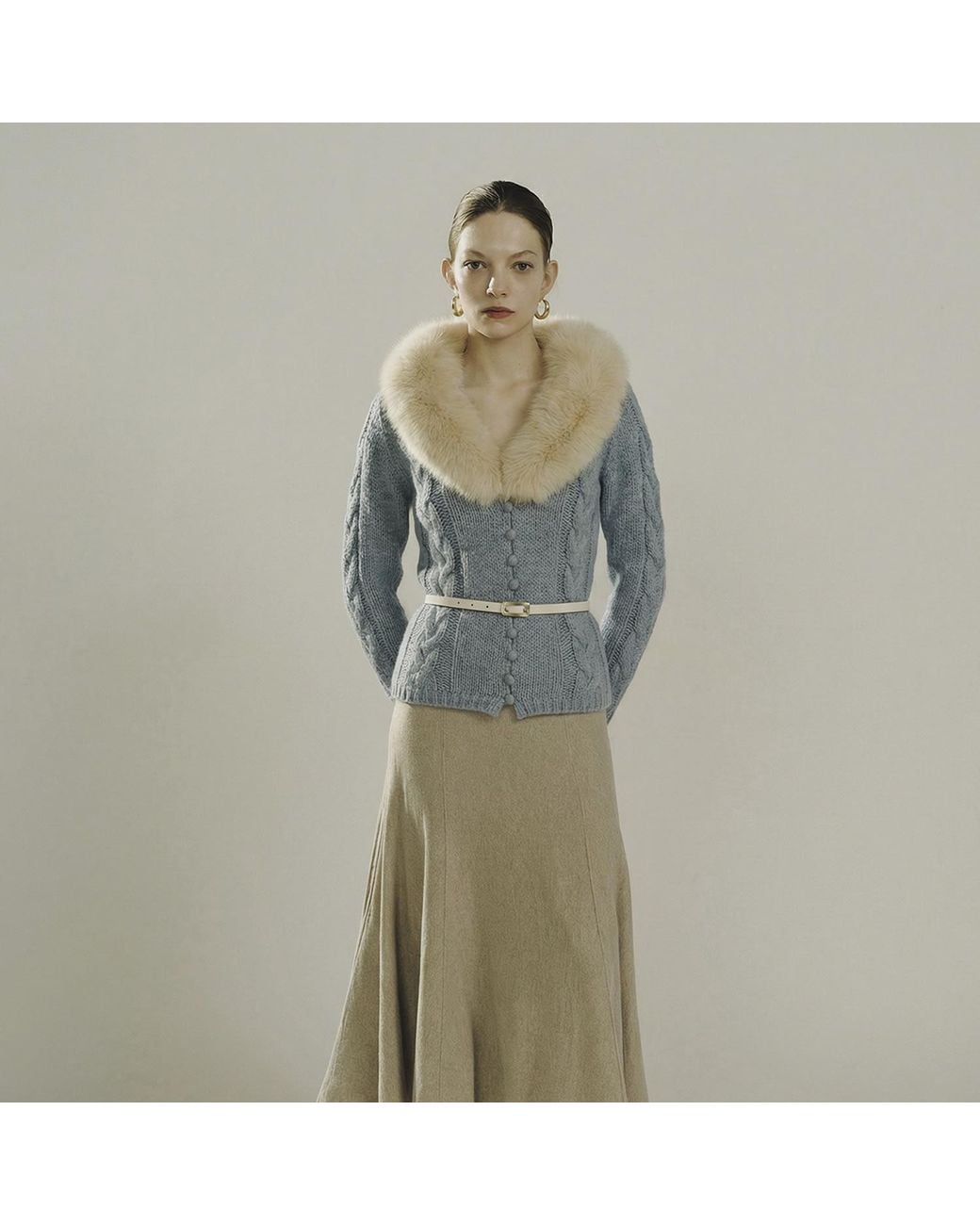 Belsize25 Blue Cashmere-Blend Faux Fur Collar Cable-Knit Cardigan
