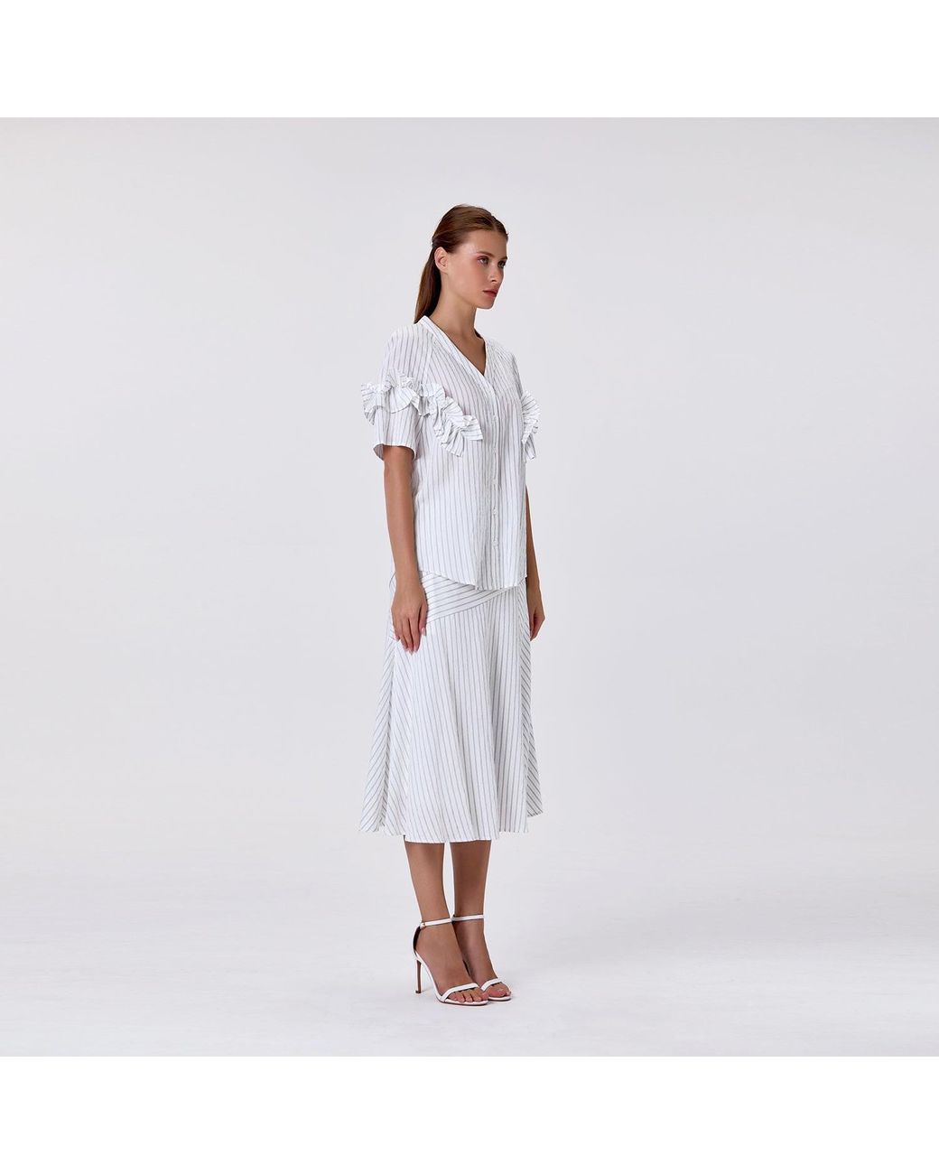 Smart and Joy White Flared Midi Skirt With Stripes