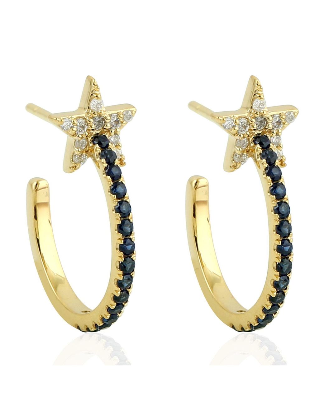 Artisan Metallic 18k Yellow Gold Diamond Star Design Hoop Earrings Blue Sapphire Jewelry