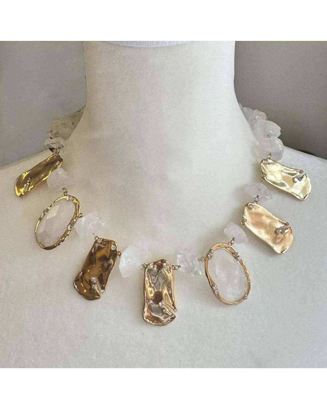 Rare Matters Jewelry Metallic Chunky Clear Quartz Sculptural Petals Statement Necklace