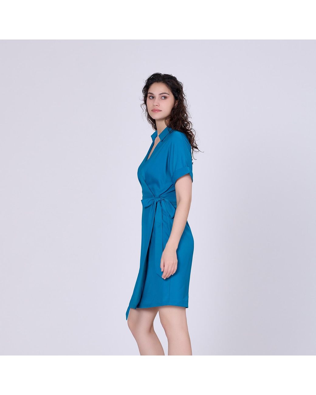 Smart and Joy Blue Wrap Minimalist Dress And Italian Collar