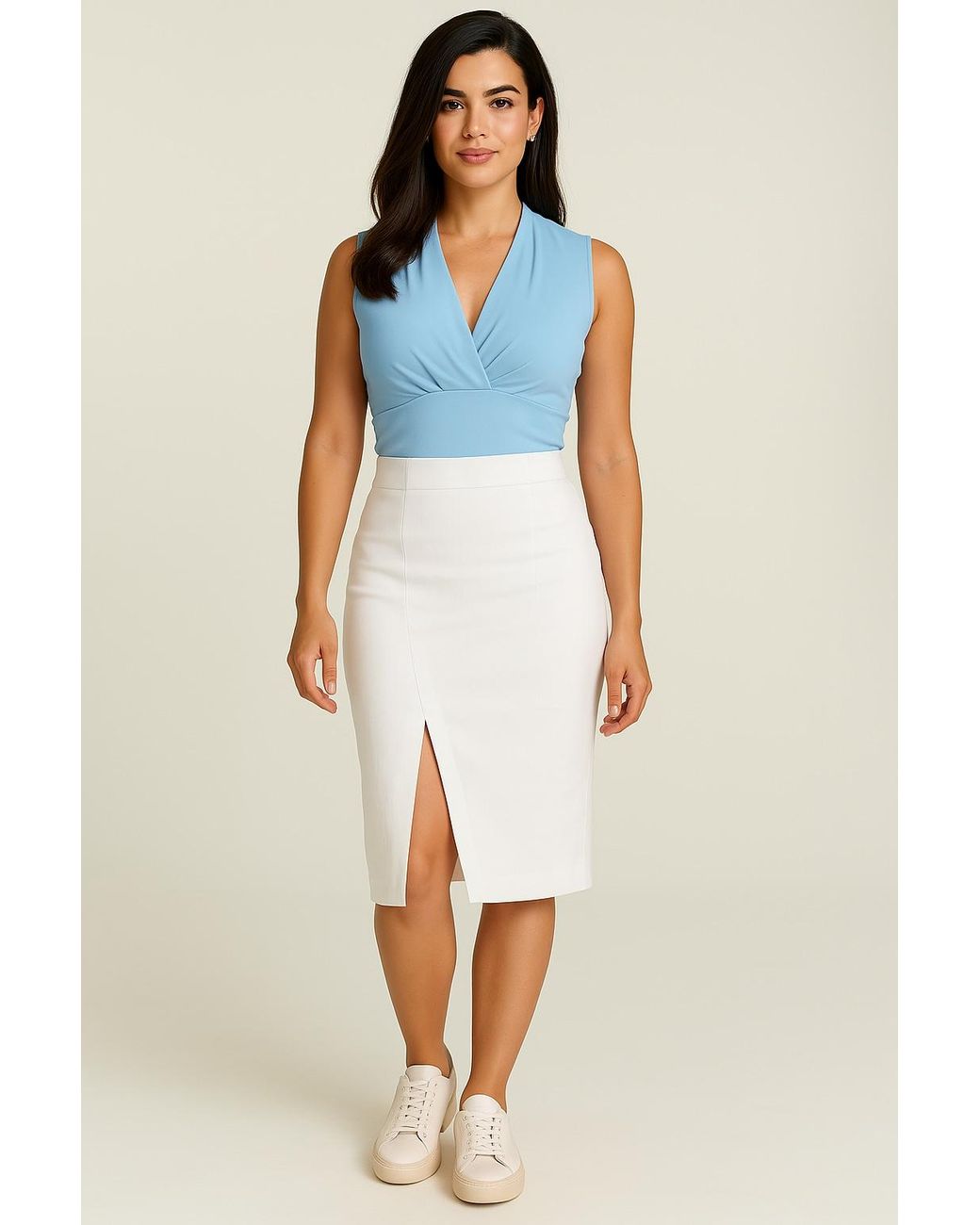 Conquista Blue Light Sleeveless V-Neck Fitted Top – Soft Viscose-Blend Fabric
