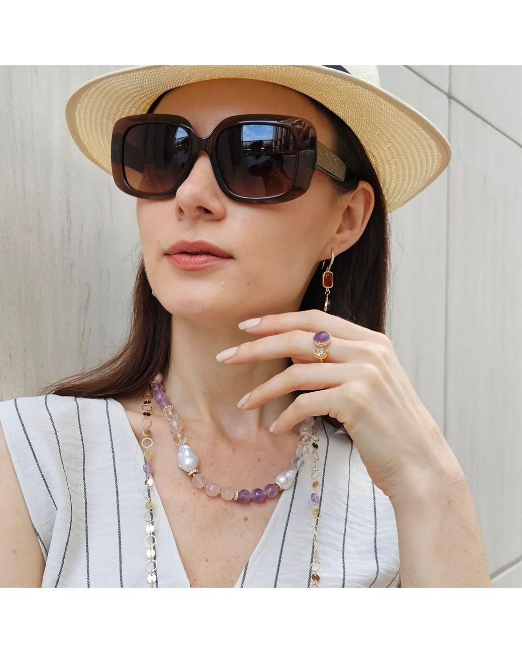 Farra Metallic Rose Quartz And Amethyst With Baroque Pearls Necklace