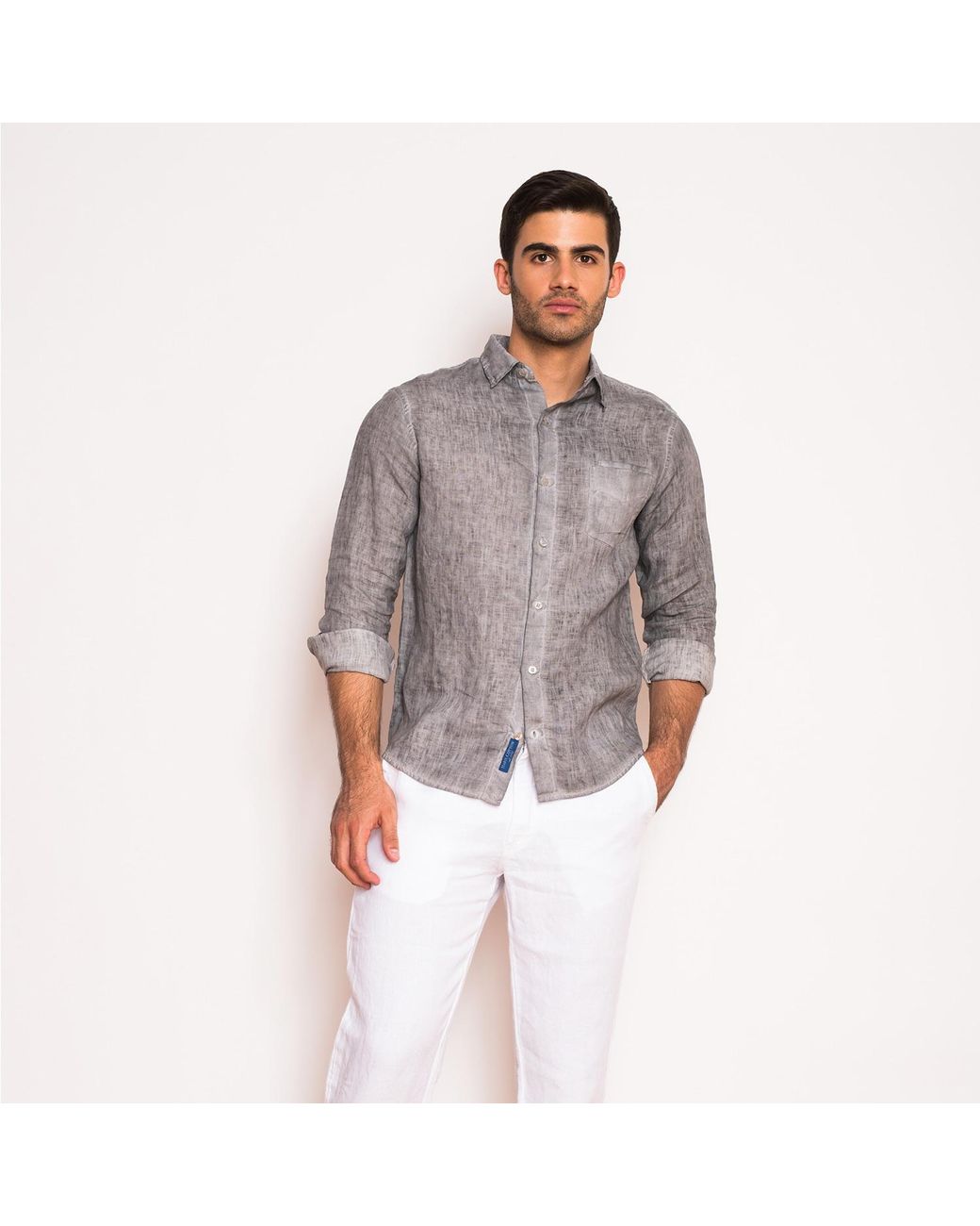 Haris Cotton Blue Long Sleeved Front Pocket Linen Shirt Sapphire for men