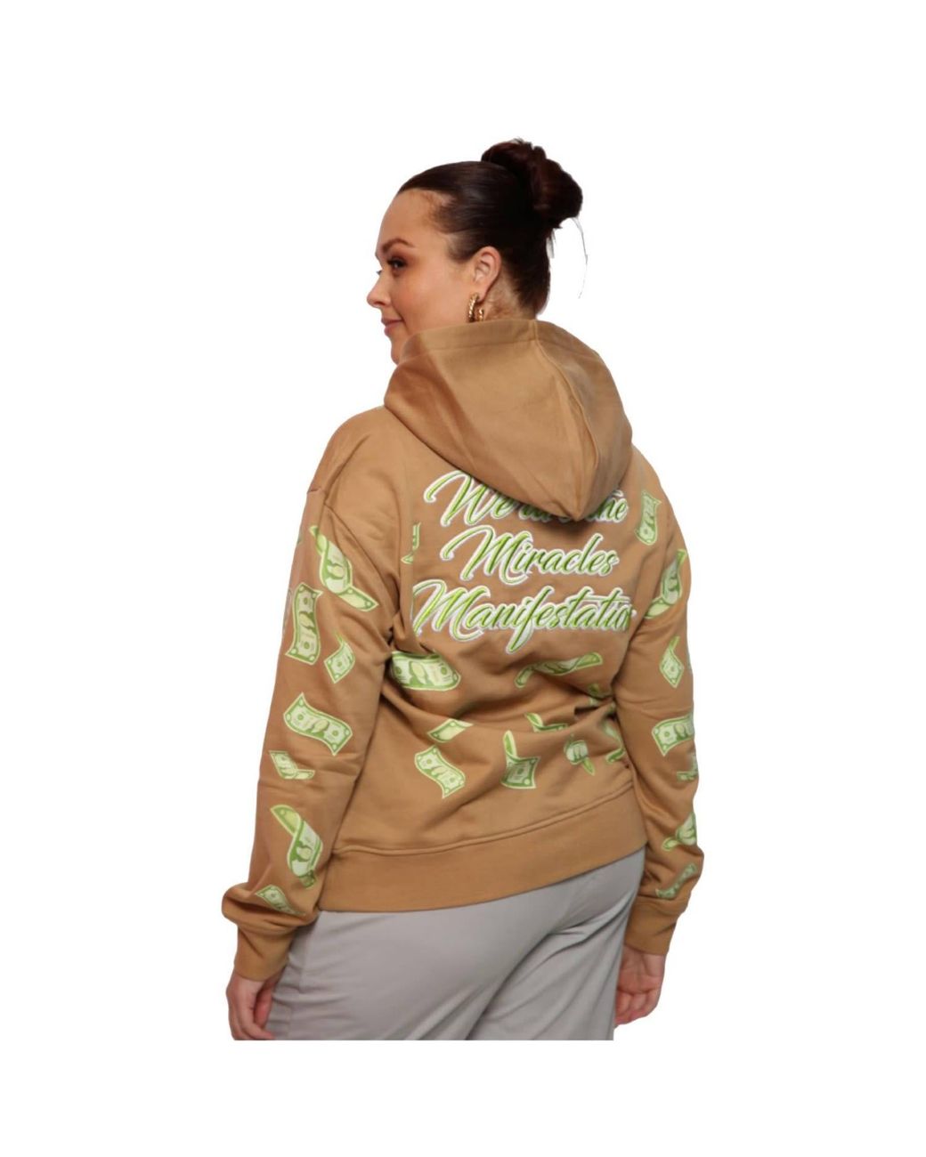 Miracles Manifester Gray Manifestation Embroidered Hoodie With Rhinestone Design