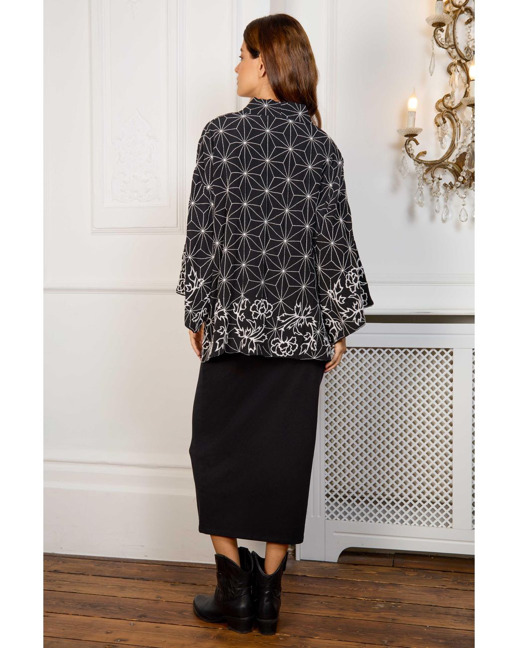 Artemis Muse Black Asanoha & Peony Embroidered & Ivory Fully Lined Short Kimono