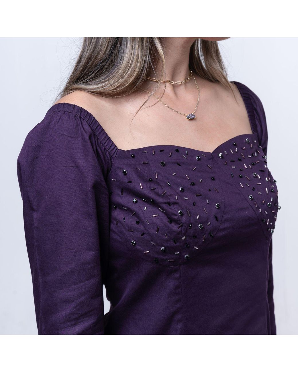 House of Gl Purple Amethyst Beaded Cotton Mini Dress With Sweetheart Neckline