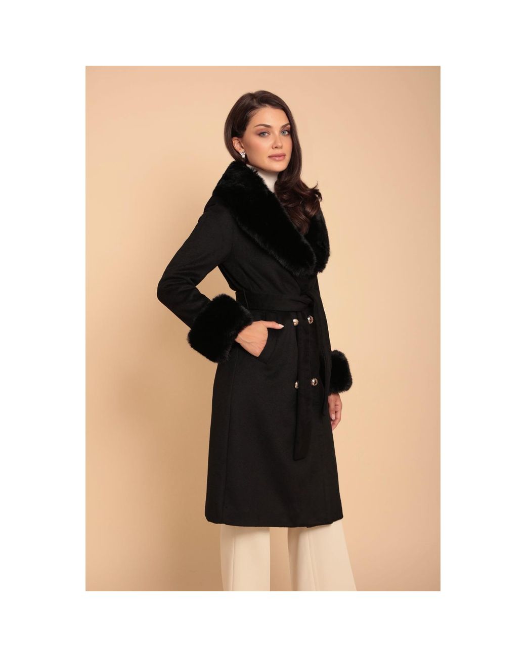 Santinni Black Marlene Cashmere & Wool Coat With Faux Fur
