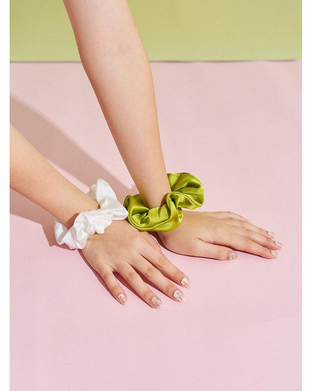 Lost Pattern Green Silken Hair Silk Scrunchie Hair Tie