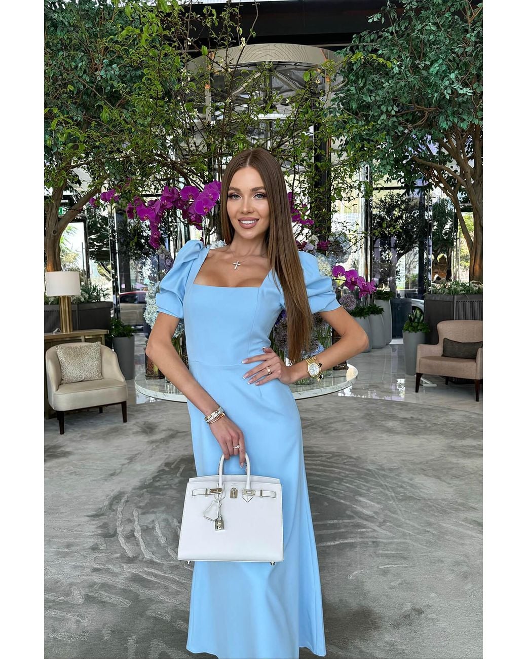 POST MERIDIEM Blue Light Godet Silhouette Square Neck Midi Dress