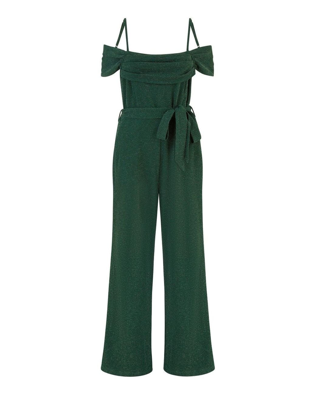 Yumi' Green Sparkle Stretch Bardot Jumpsuit