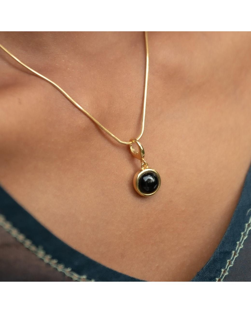 Lily Charmed Metallic Plated Onyx Healing Stone Necklace With Round Snake Chain