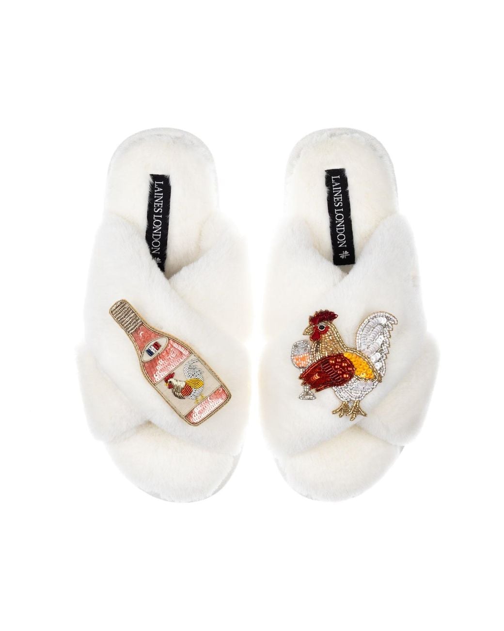 Laines London White Neutrals Classic Laines Slippers With Chicken Wine Brooches