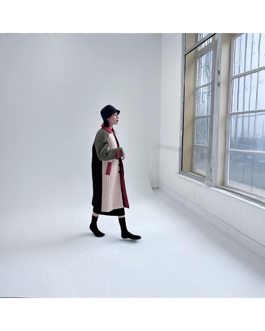 London Atelier Byproduct Pink Neutrals Khaki Patchwork Color Block Quilted Long Jacket