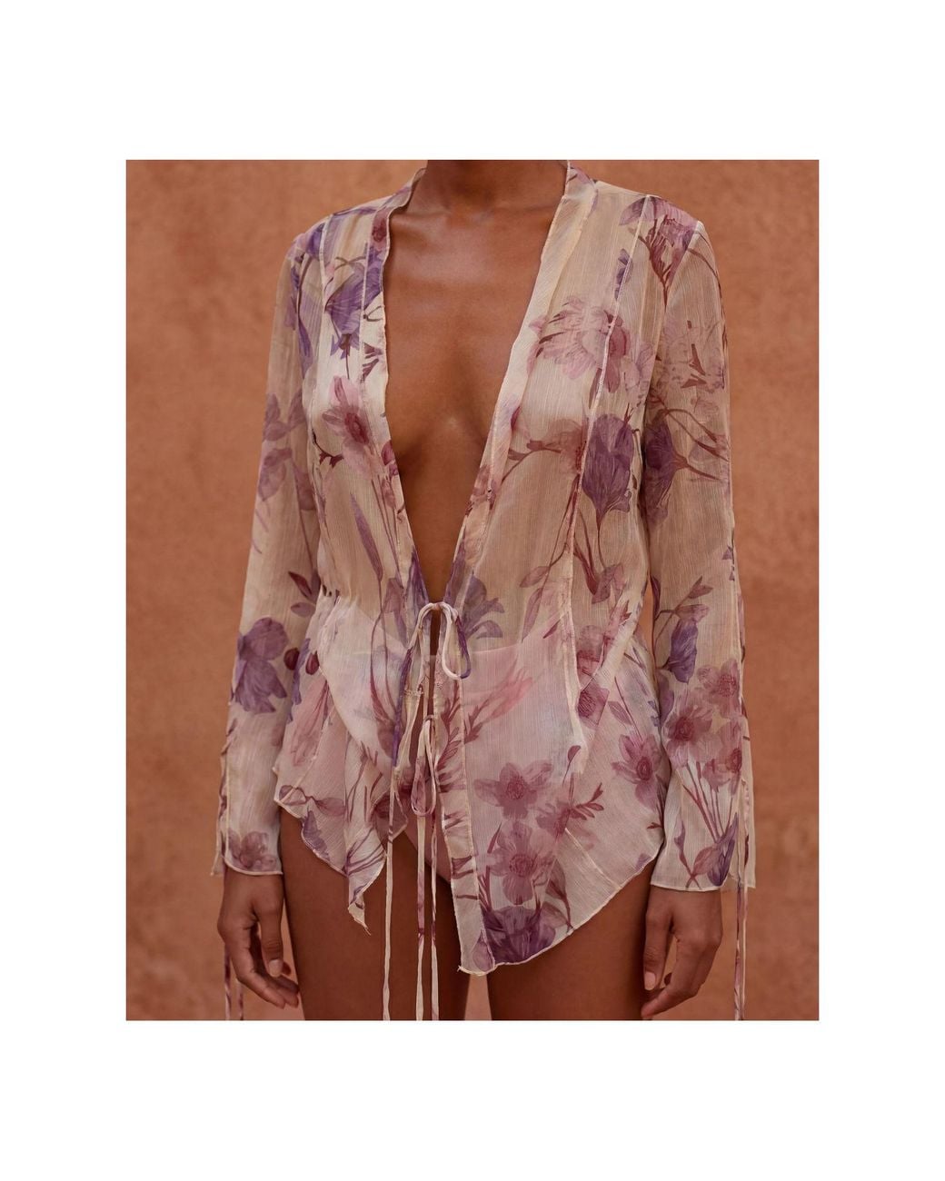 concept A trois Pink Neutrals Ivory Chiffon Blouse With Pastel Floral Print