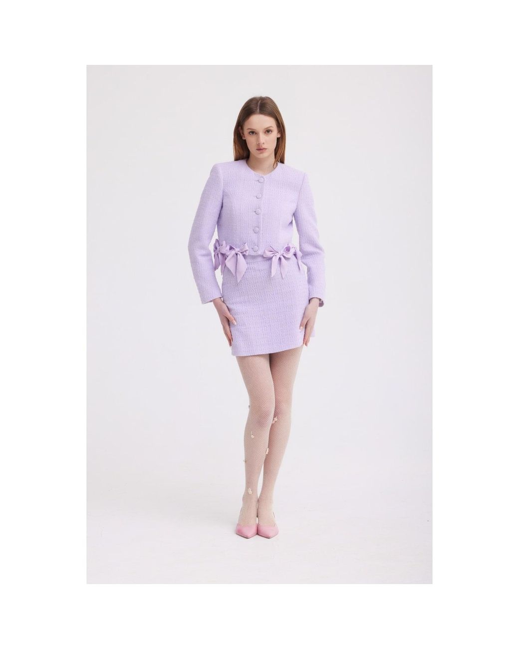 Georgette Purple Bow Detail Tweed Suit