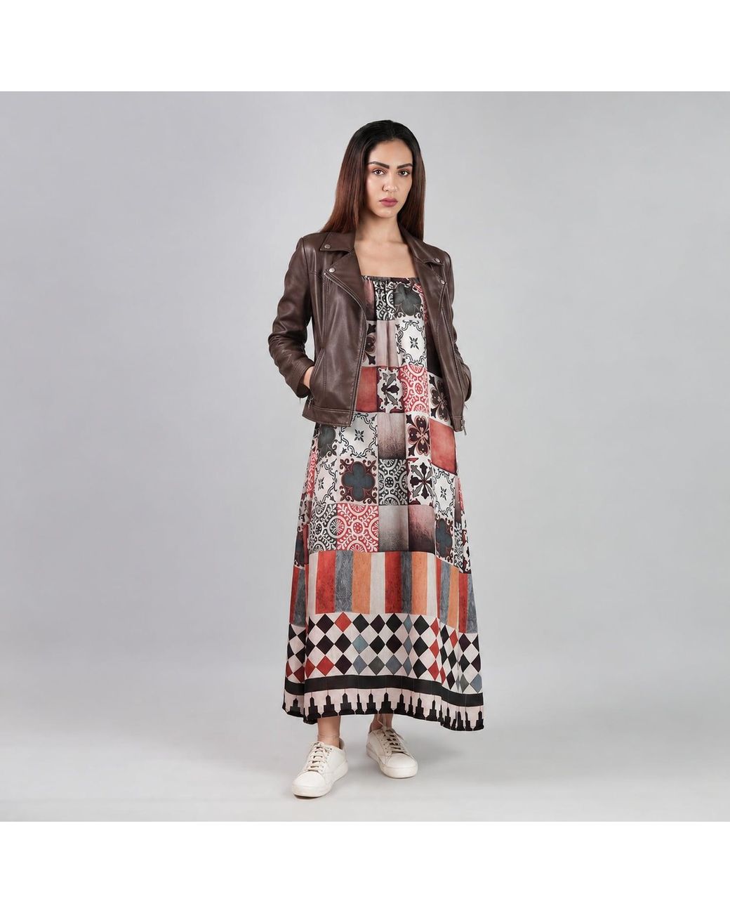 DHARA SHETH DUBAI Red Celestial Tesserae Mosaic Print Spaghetti Strap Cotton Maxi Dress