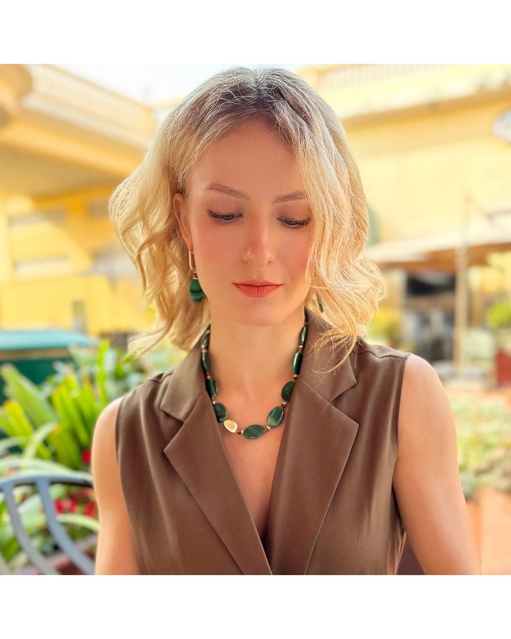 Farra Green Oval Malachite With Tiger Stone Chic Earrings
