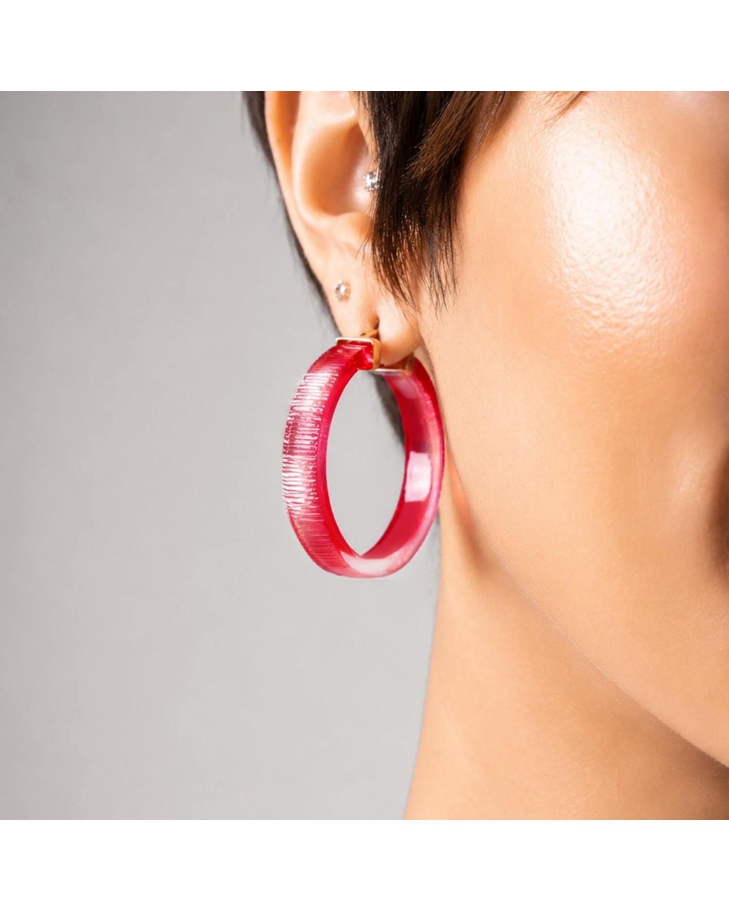 Gold & Honey Pink Flat Illusion Diamond Cut Lucite Hoop Earrings