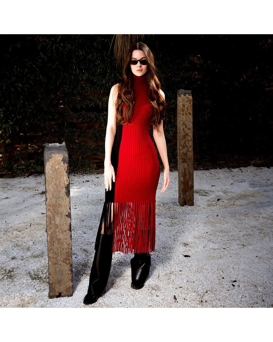 Solgo Atelier Red Elleann Turtle Neck Color Blocking Cashmere Dress