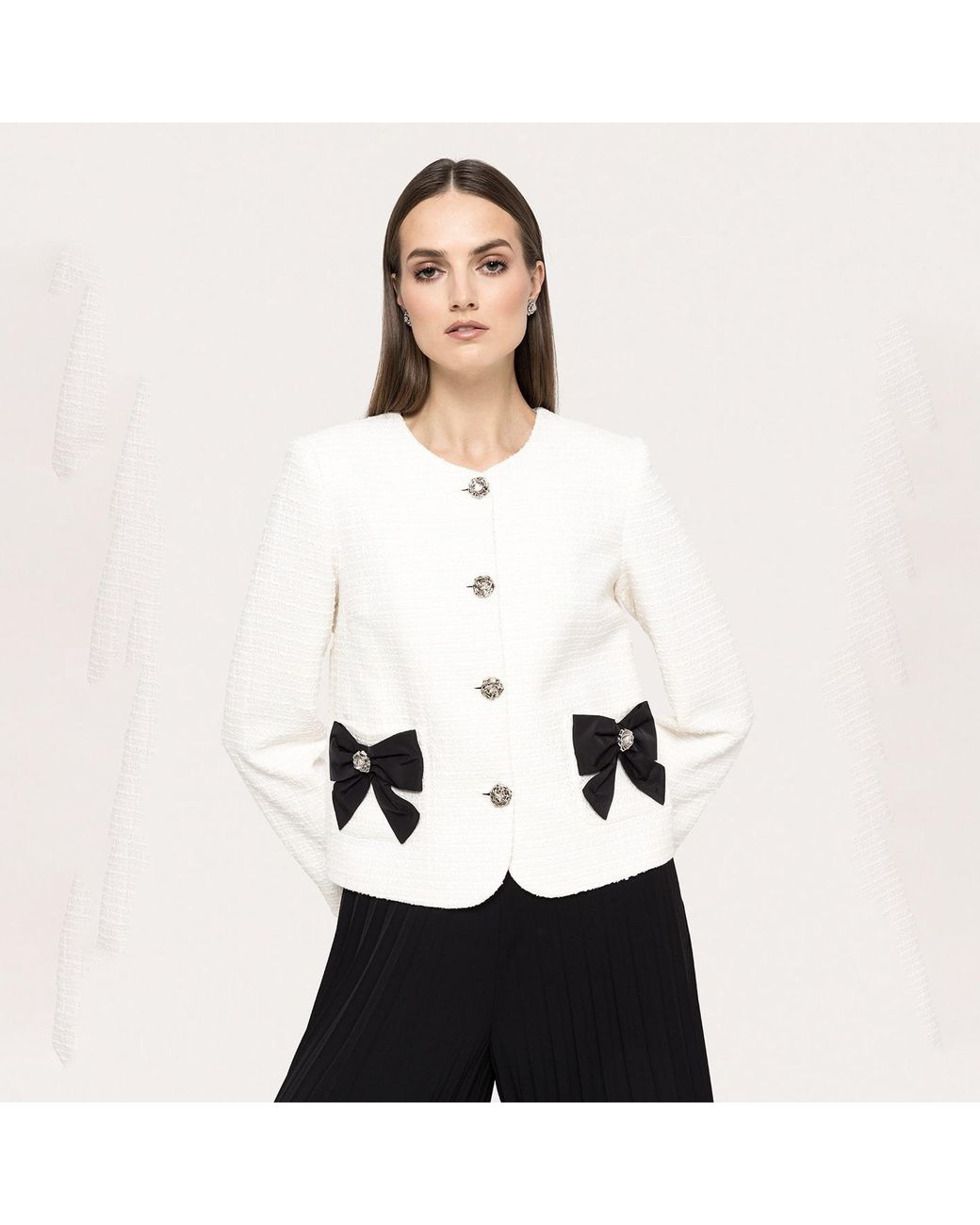 Nissa White Bow-Detail Boucle Suit Jacket