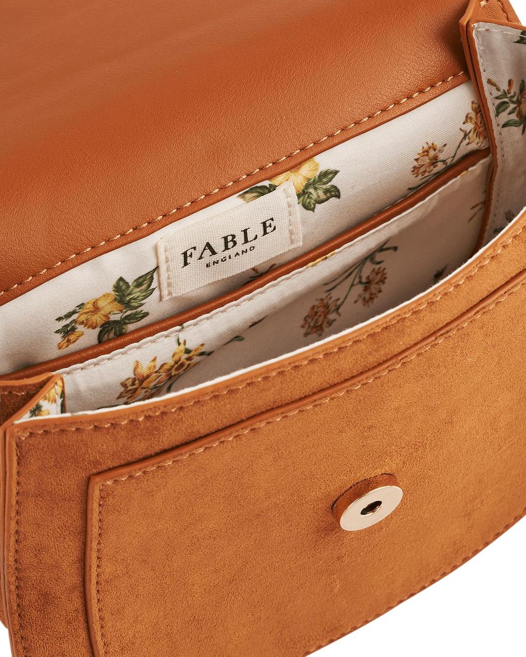 Fable England Brown Tan Floral Faux Suede Embroidered Saddle Bag