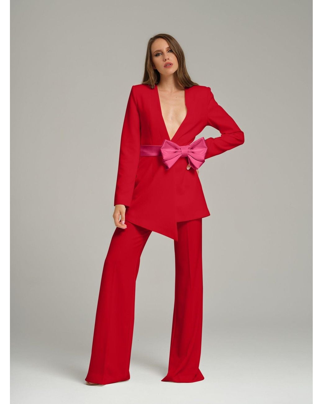 Tia Dorraine Red Pearl Power Suit With Bow Belt