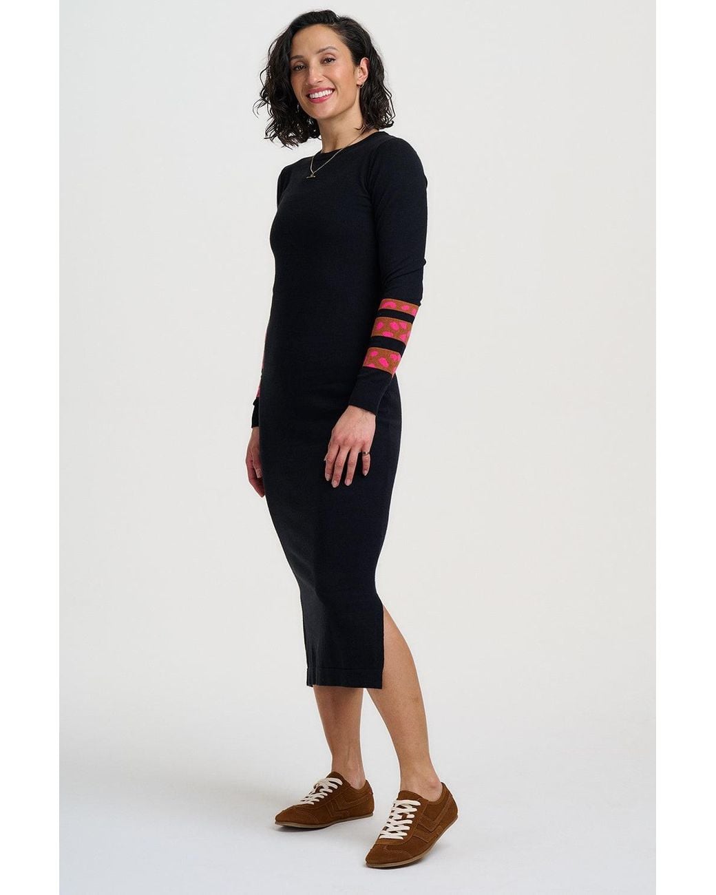 Sugarhill Black Liselle Knitted Midi Dress Leopard Stripe