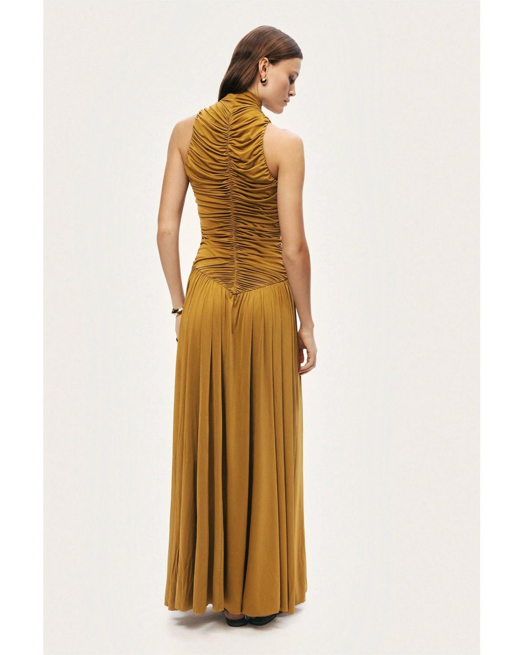 Nocturne Metallic Ruched High-Neck Maxi Dress
