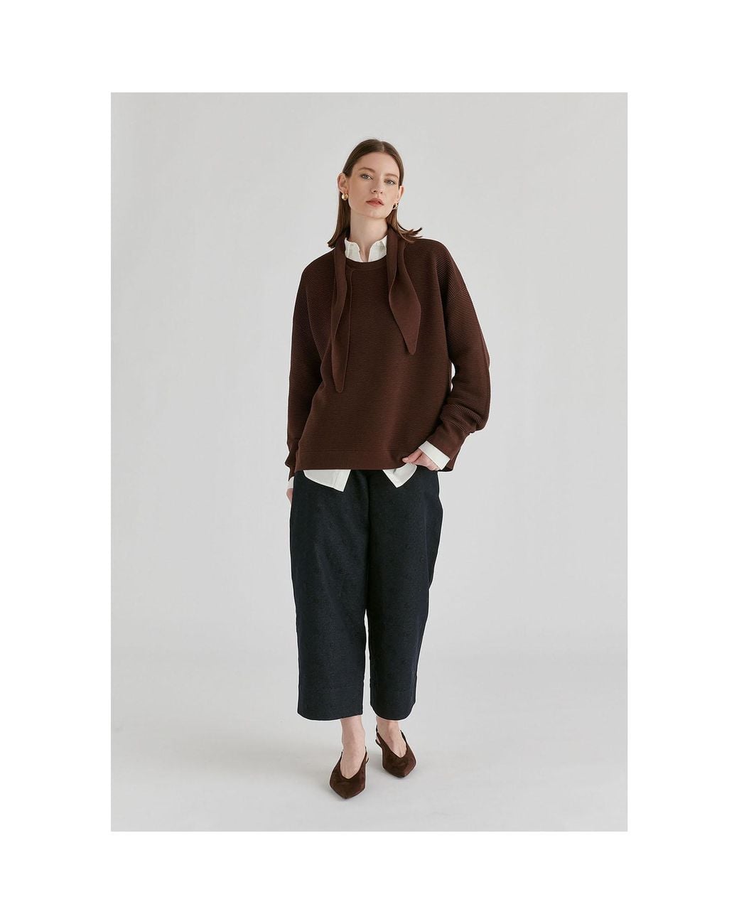 Paisie Brown Ribbed Jumper With Attached Scarf Tie