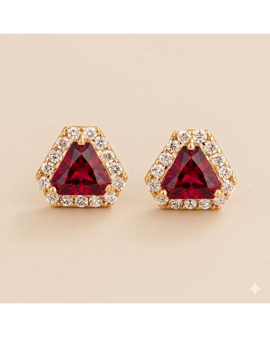 Juvetti Red Diana Ruby Triangle Cut & Diamond Halo Stud Earrings