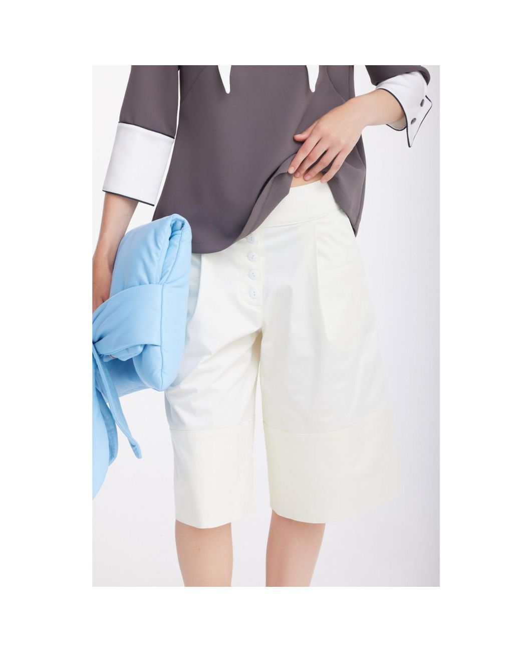 Julia Allert White Button Front Wide Leg Bermuda Shorts – Ivory