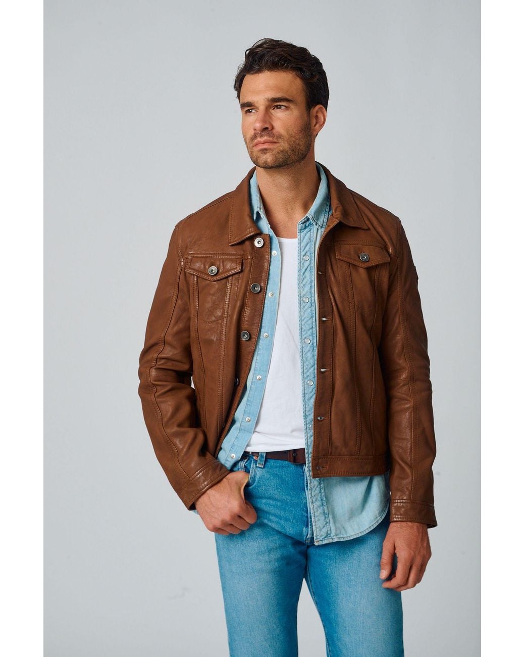 Mauritius Brown Leather Trucker Jacket Geoff for men