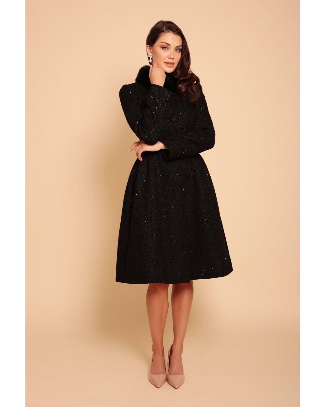 Santinni Black Starlet Wool Tweed Dress Coat With Faux Fur