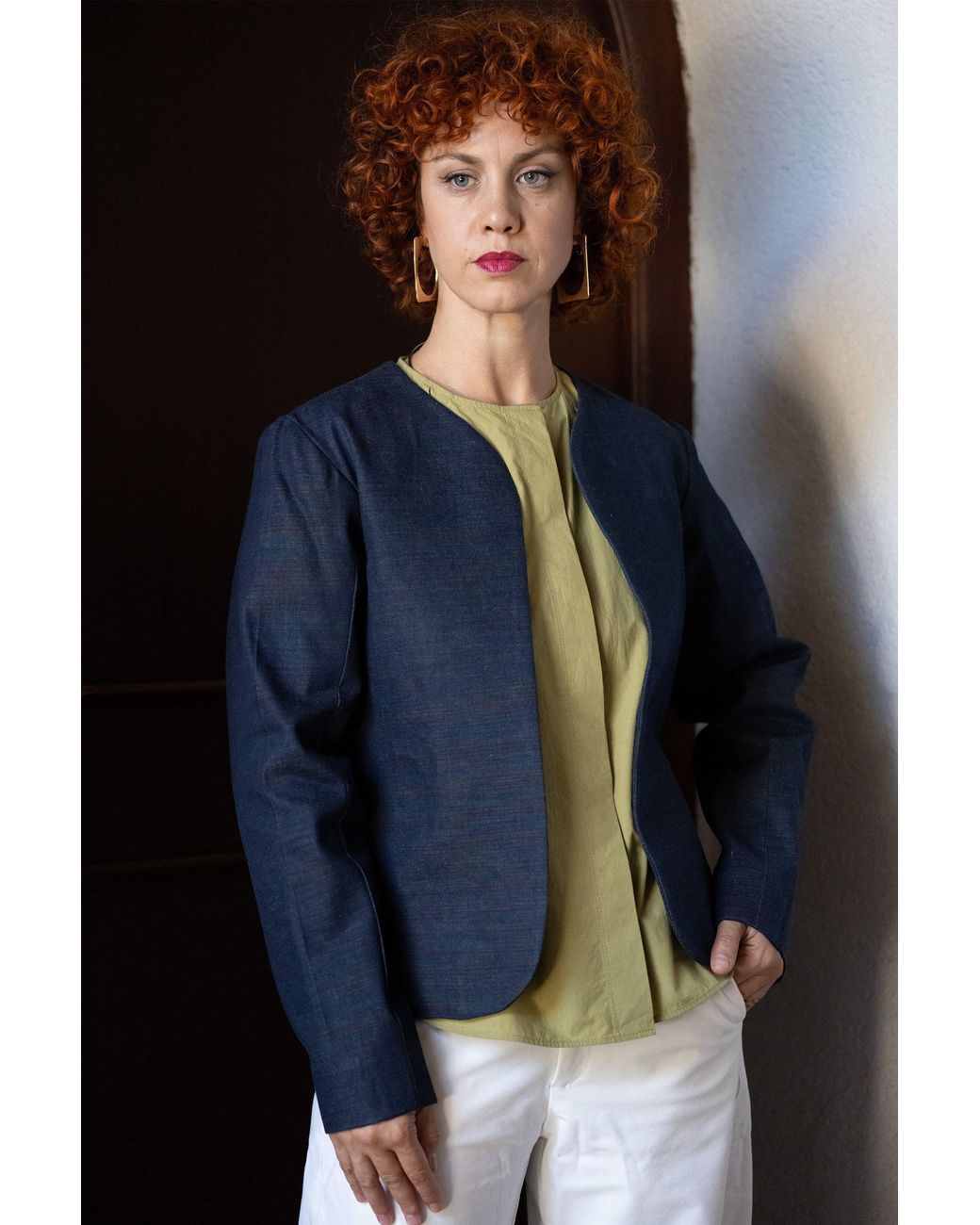Stovaria Blue Midnight Peacock Cotton Denim Statement Jacket