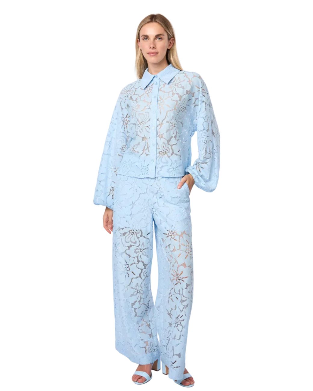 Carloslines Blue Oversized Balloon Sleeve Button Down Lace Shirt W/ Shirttail