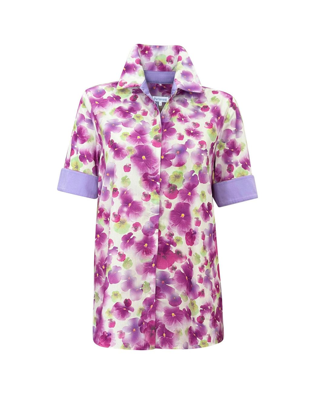 Perlavera Purple Cecil Flower Printed Satin Short Sleeve Length Missy Fit Shirt