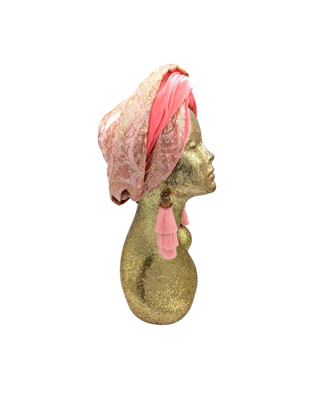 Julia Clancey Red Golden Brocade & Coral Velour Luxe Swinglette Turban