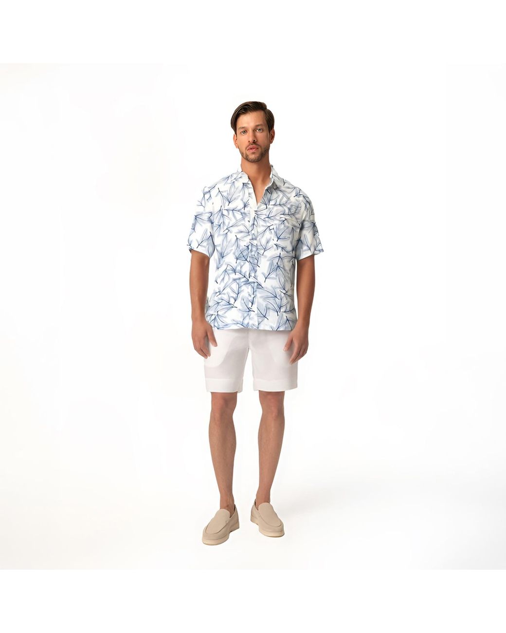 Haris Cotton Blue Printed Short Sleeved Front Pocket Linen Shirt Fern for men
