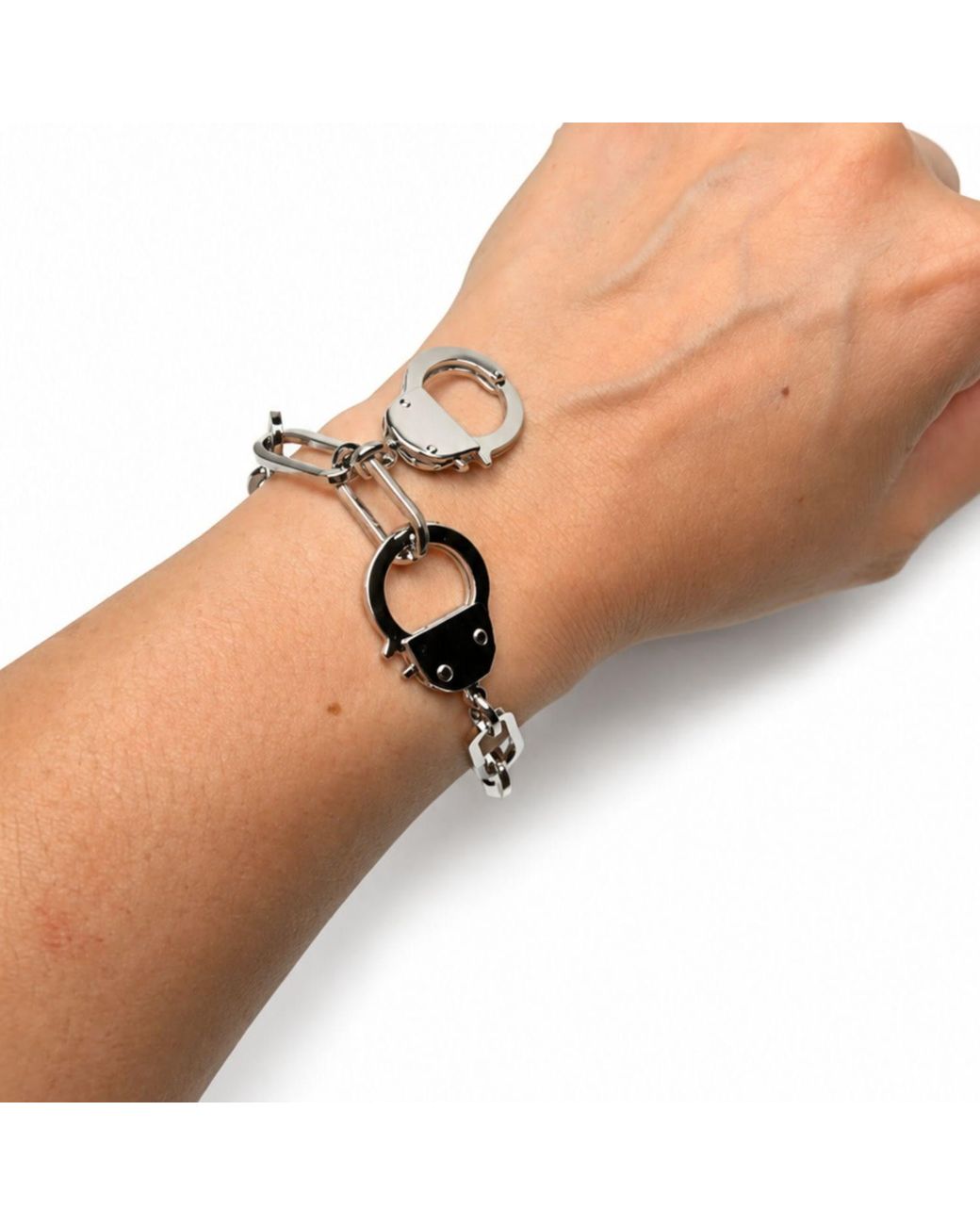 Jagged Halo Jewelry Metallic Love Bond Handcuff Chain Bracelet Stainless Steel Rhodium Plating