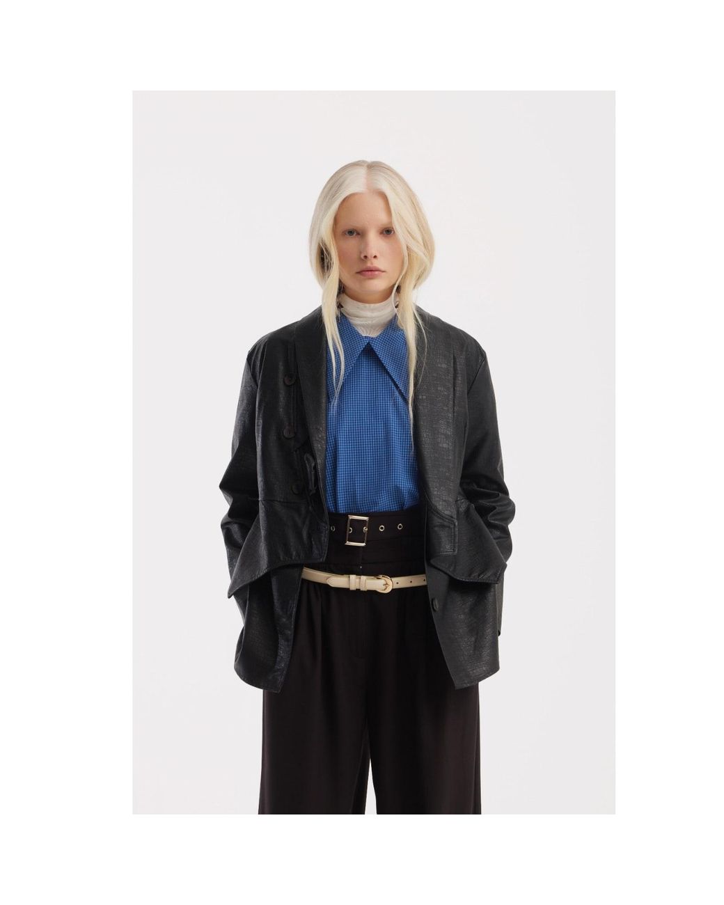 Julia Allert Blue Designer Plaid Puff Sleeve Blouse –