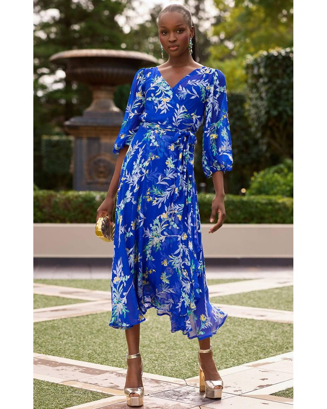 SACHA DRAKE Blue Elspeth Silk Rayon Wrap Midi Dress