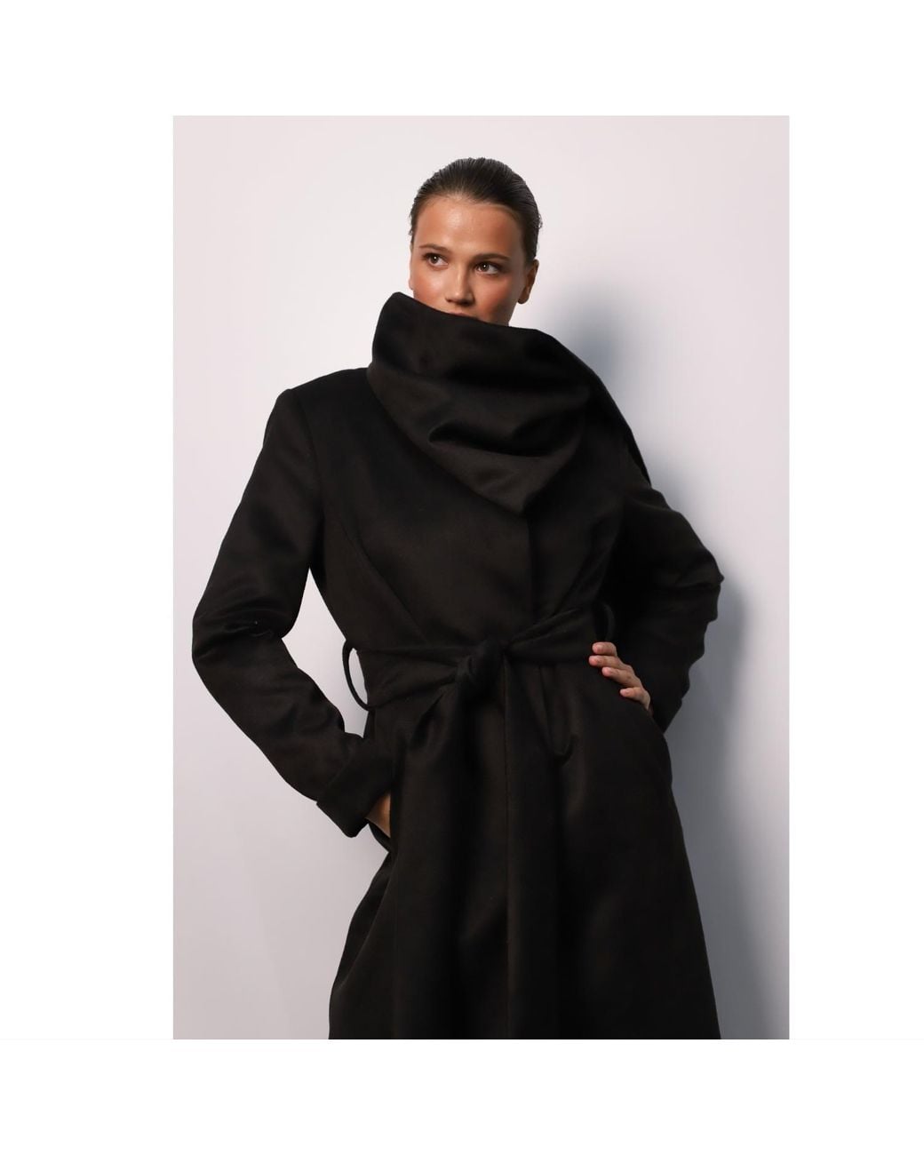 Julia Allert Black Long Wrap Coat With Drape Collar