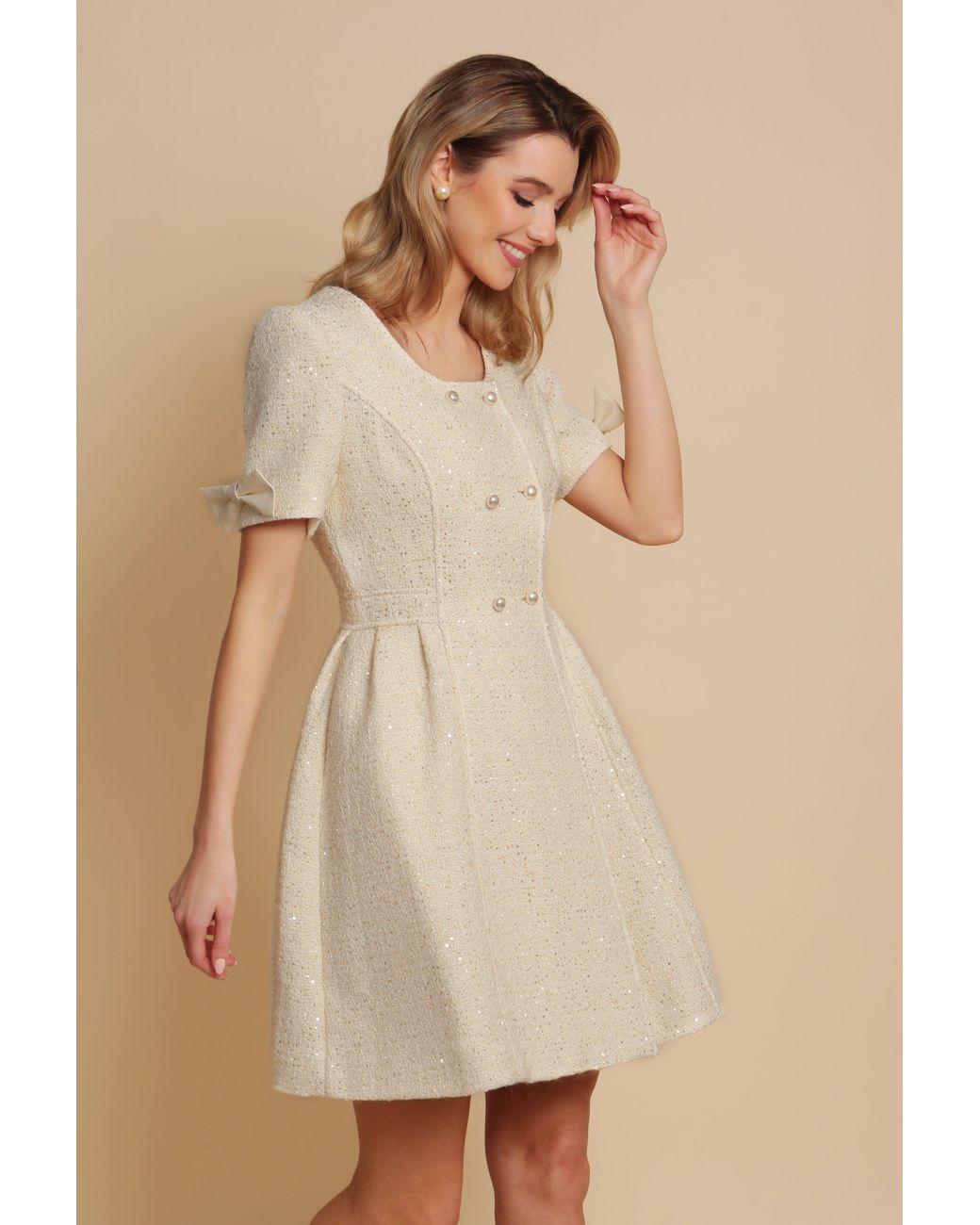 Santinni Natural Golden Age Wool Tweed Dress Coat