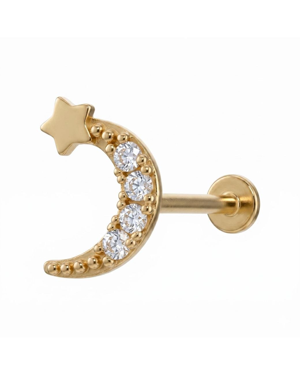 Zahav Jewelry Metallic 14K Solid 18G 8Mm Star Moon Round Cz Internally Threaded Flat Back Stud
