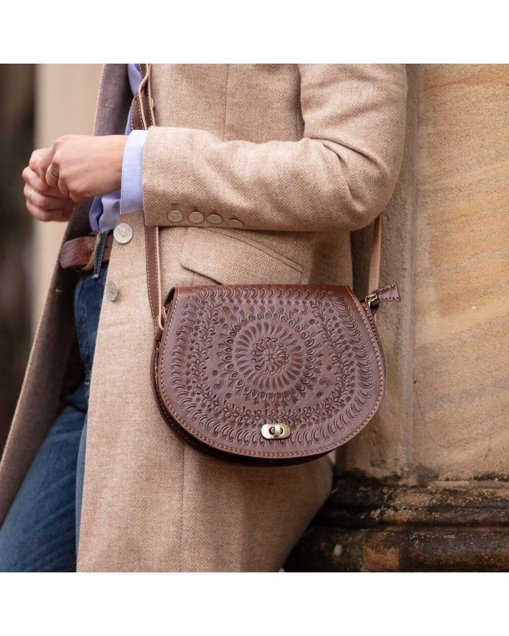 Berber Leather Brown The Temara Embossed Saddle Bag