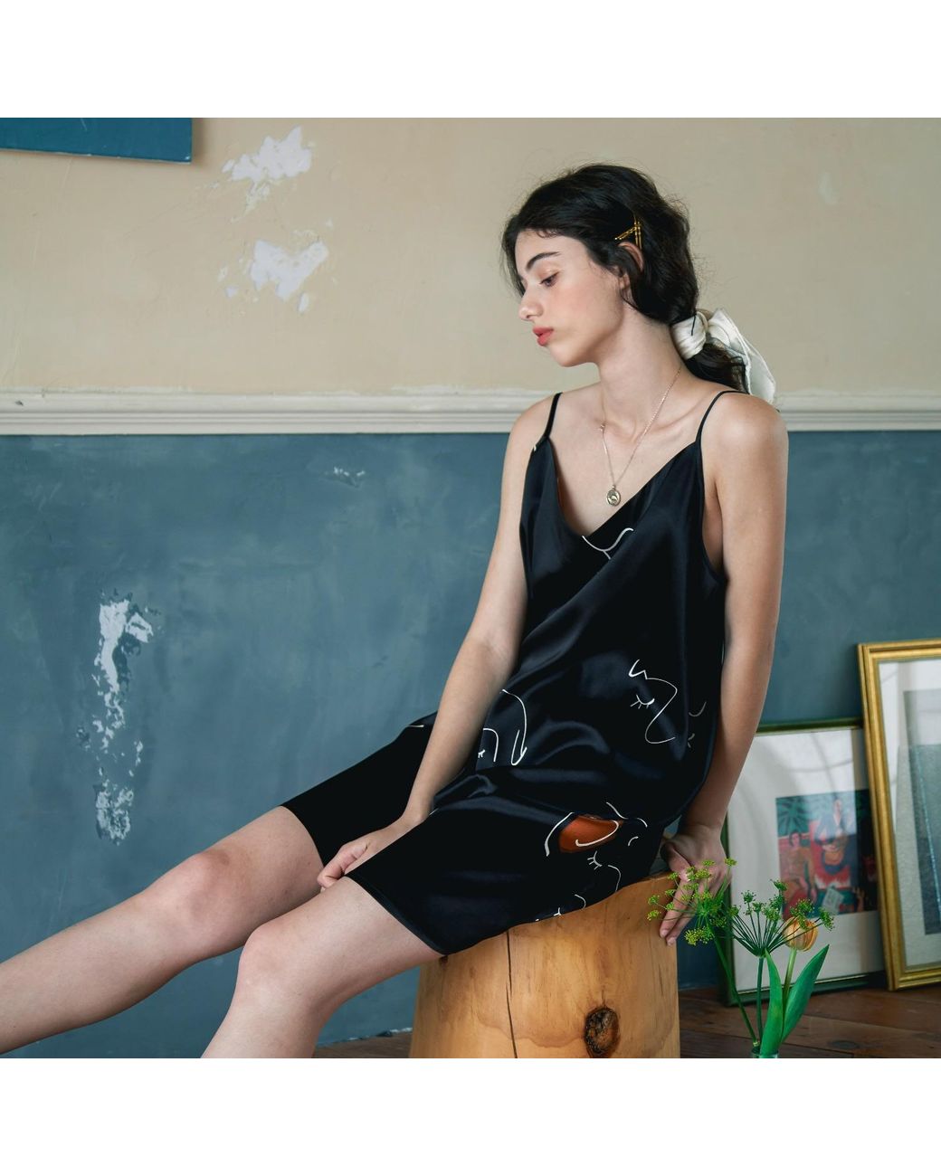 NOT JUST PAJAMA Black The Dream Art Printed Silk Dress
